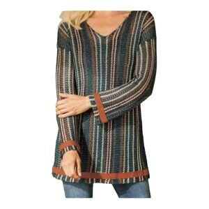 Soft Surroundings Metallic Striped Crochet Knit Tunic Sweater PS Multicolor Boho